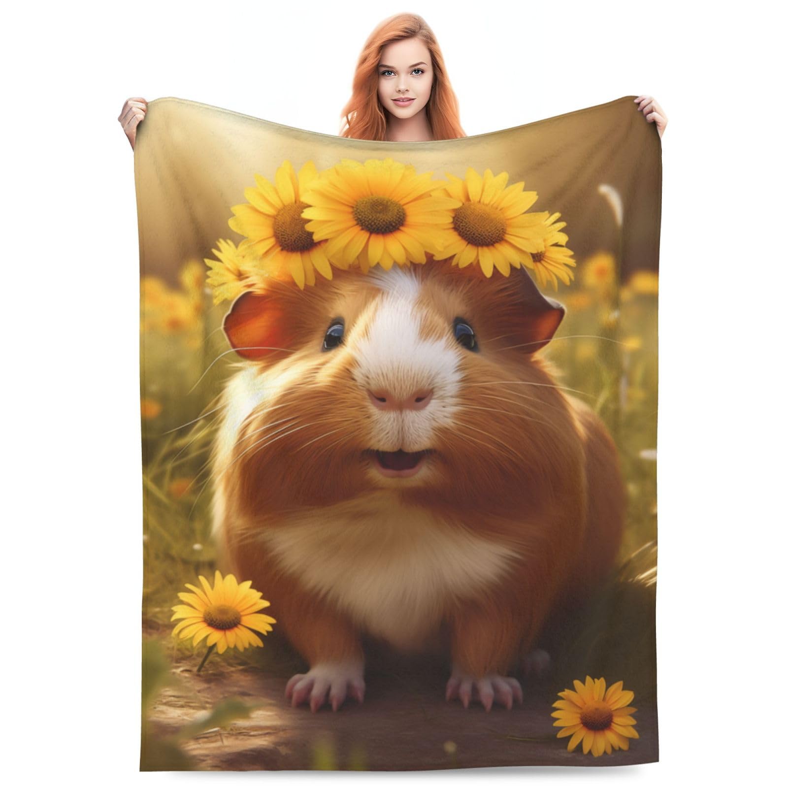 Niedliche Sonnenblumen-Decke mit Meerschweinchen-Motiv, Geschenke für Kinder, lustiger Haustier-Meerschweinchen-Druck, Überwurfdecke, weiche Flanell-Plüsch-Steppdecke für Bettwäsche, Sofa