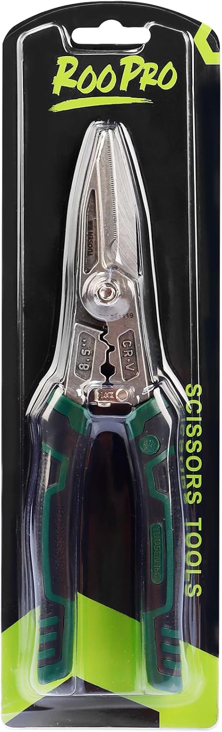 Heavy Duty Industrial Scissors, 8.5", CR-V Steel, Serrated Blades, Built-in Spring-Loaded Design, Cuts Aluminum Sheet, Wire Mesh, Plastic, Rubber Hose, Carpet, Cardboard, Left/Right-Handed
