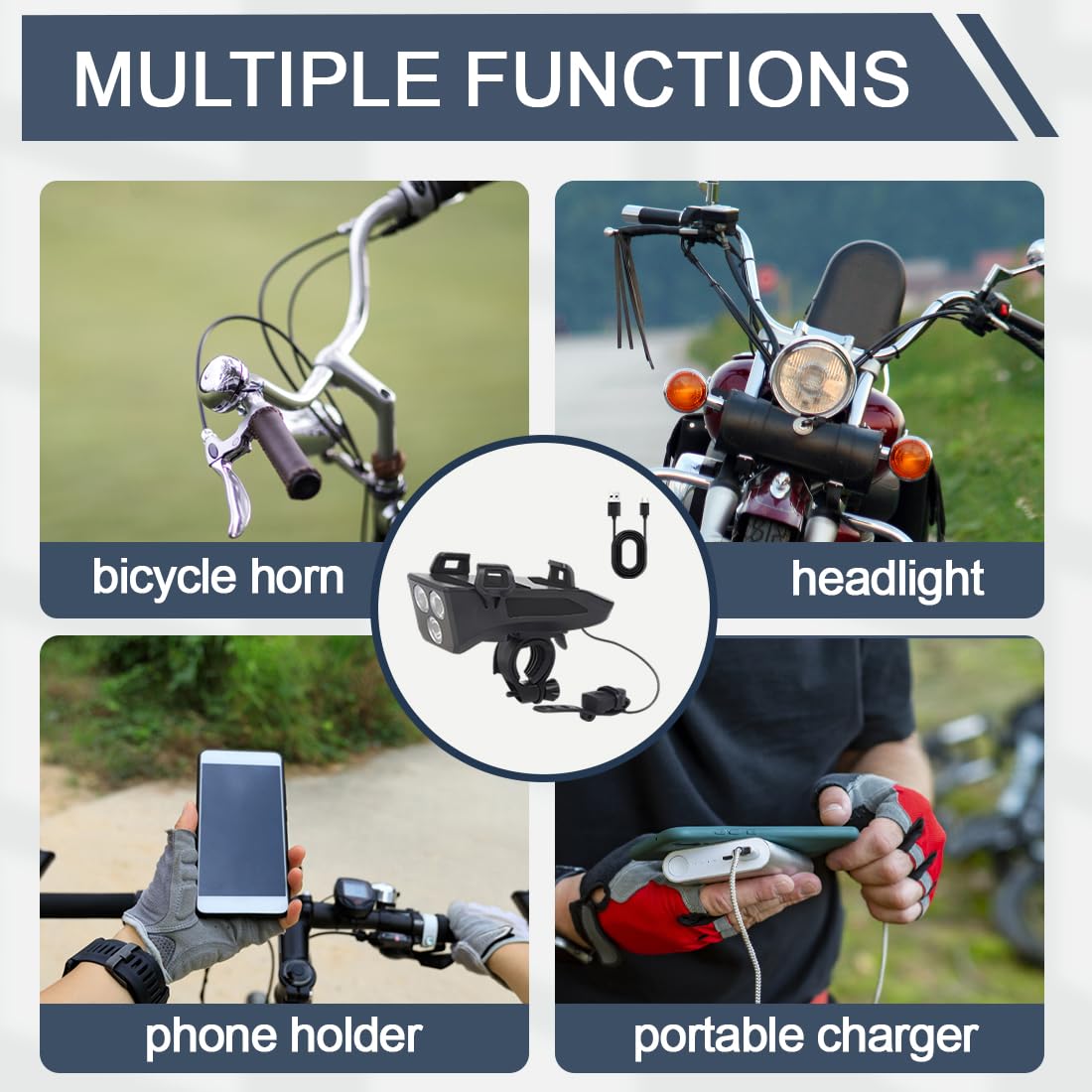 1 Pezzi Staffa per Telefono per Ciclismo, Luce da Bici 4-in-1, Luce da Ciclismo Multifunzionale con Power Bank e Clacson