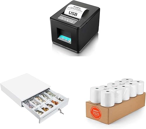 MUNBYN Impresora de recibos USB de 3.150in y cajón de efectivo blanco y papel térmico de 3 18 x 230 pies, 10 rollos de papel de recibo