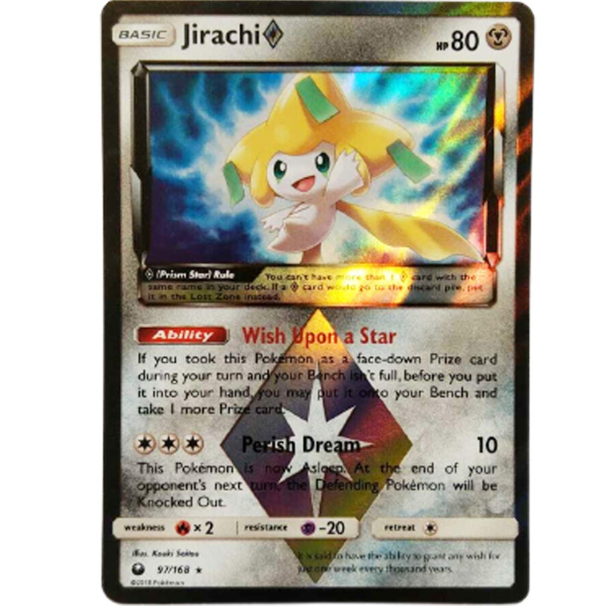 Friki Monkey Pokemon Jirachi 97/168 Holo Rare Prism Star Sun & Moon + Extra Protection Near Mint 2018
