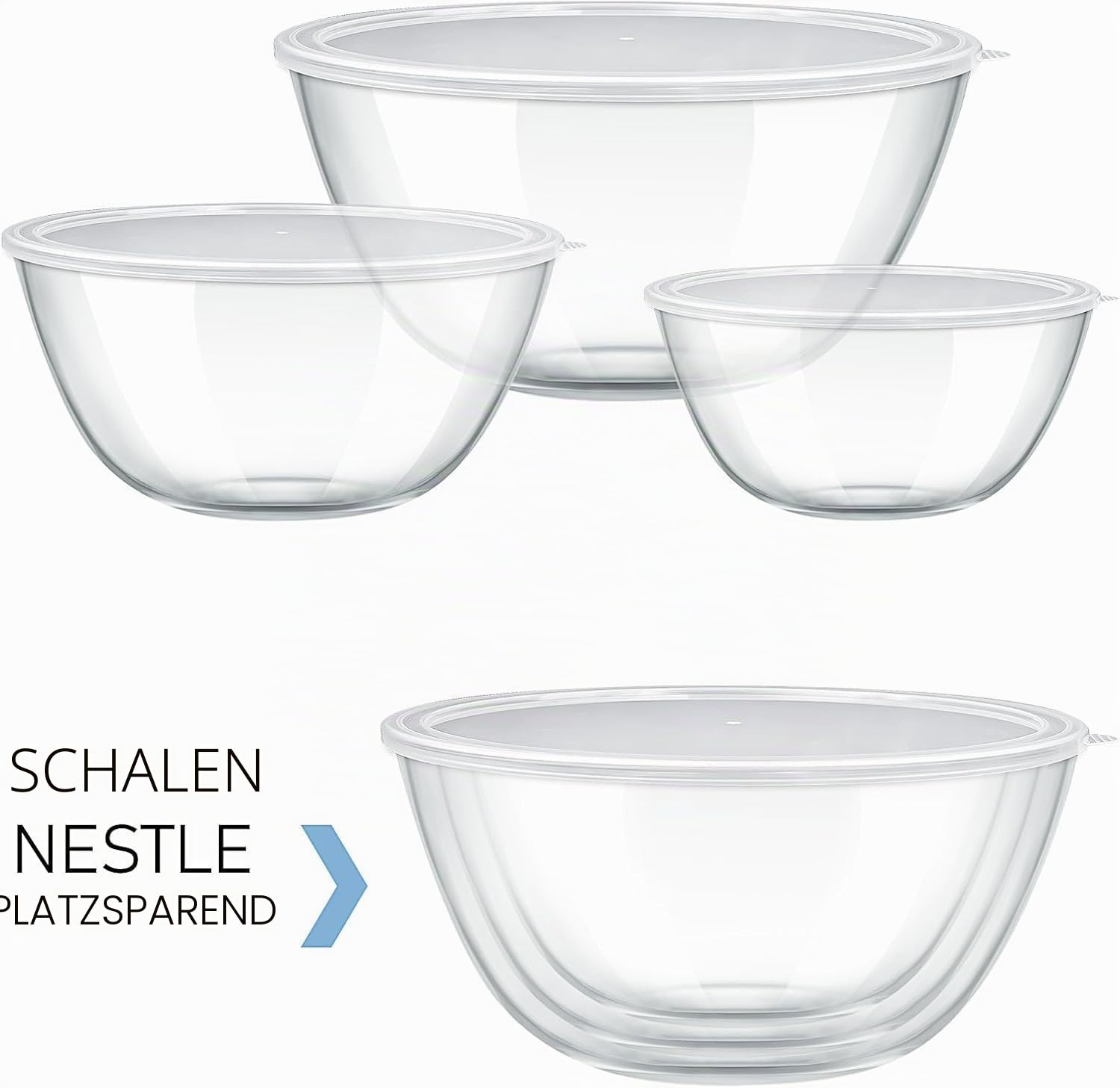 3er Set Glas Salatschüssel mit Deckel, Rund Glasschüsseln (4,2L, 2,5L, 2L) | Stapelbare Borosilikatglas Rührschüsseln, spülmaschinenfest, zum Backen, Vorbereiten, Aufbewahren und Servieren