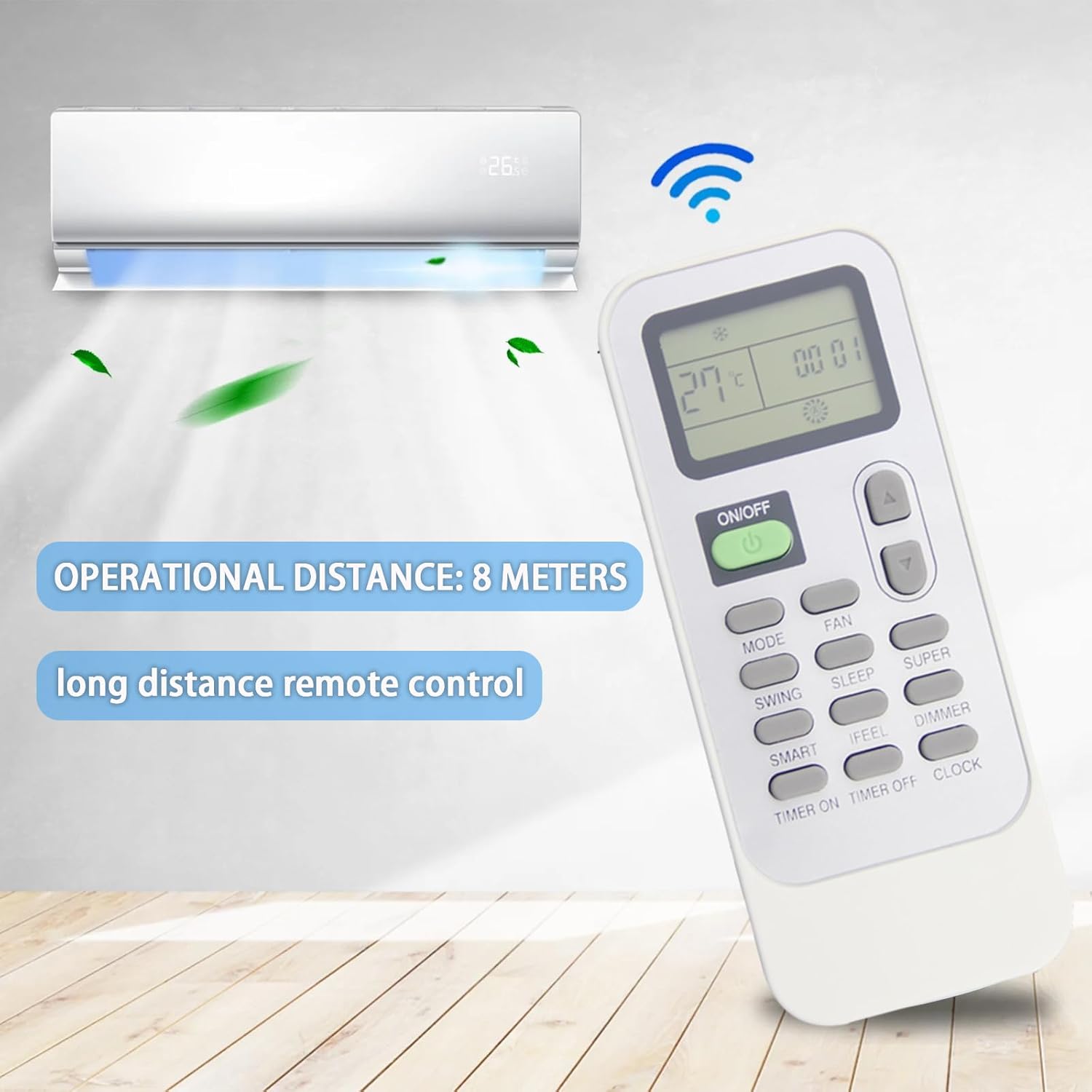 Remote control being used to operate an air conditioner from a distance, showing 'Operational Distance: 8 meters'