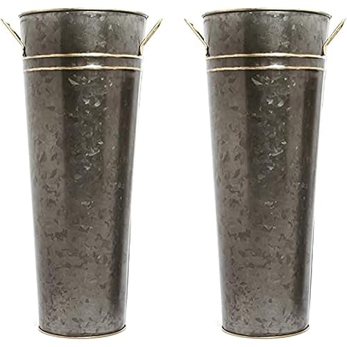 Hosley Set of 2 Zinc Finish French Bucket Vases with Handles 6"Dx15"H Perfect for Weddings, Parties, Country Picnics, Floral Arrangements, Tableware Storage, or Candle Gardens - Rustic Farmhouse Décor