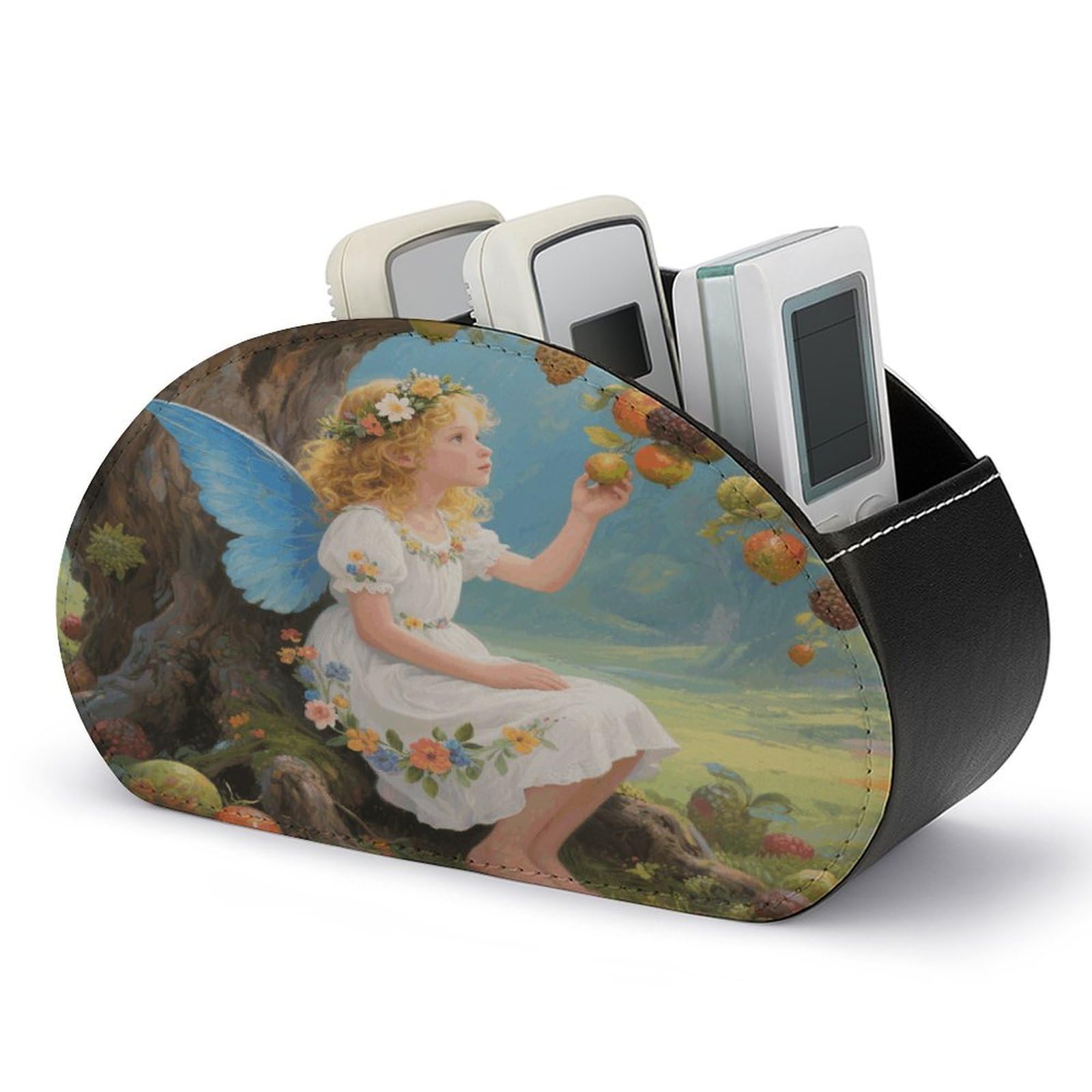 VstaDank Ancient Tree Flower Fairy Remote Control Holder with 5 Compartments PU Leather TV Remoter Caddy Desktop Organizer TV Remote Holder Remote Box for Media Controllers Office Supplies