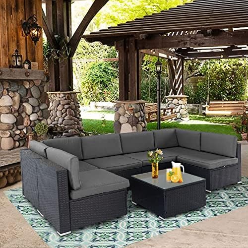 SUNCROWN 7-Piece Outdoor Patio Furniture Sofa Set All-Weather Wicker Sectional Conversation Set with Modern Glass Coffee Table and Furniture Cover (Grey)