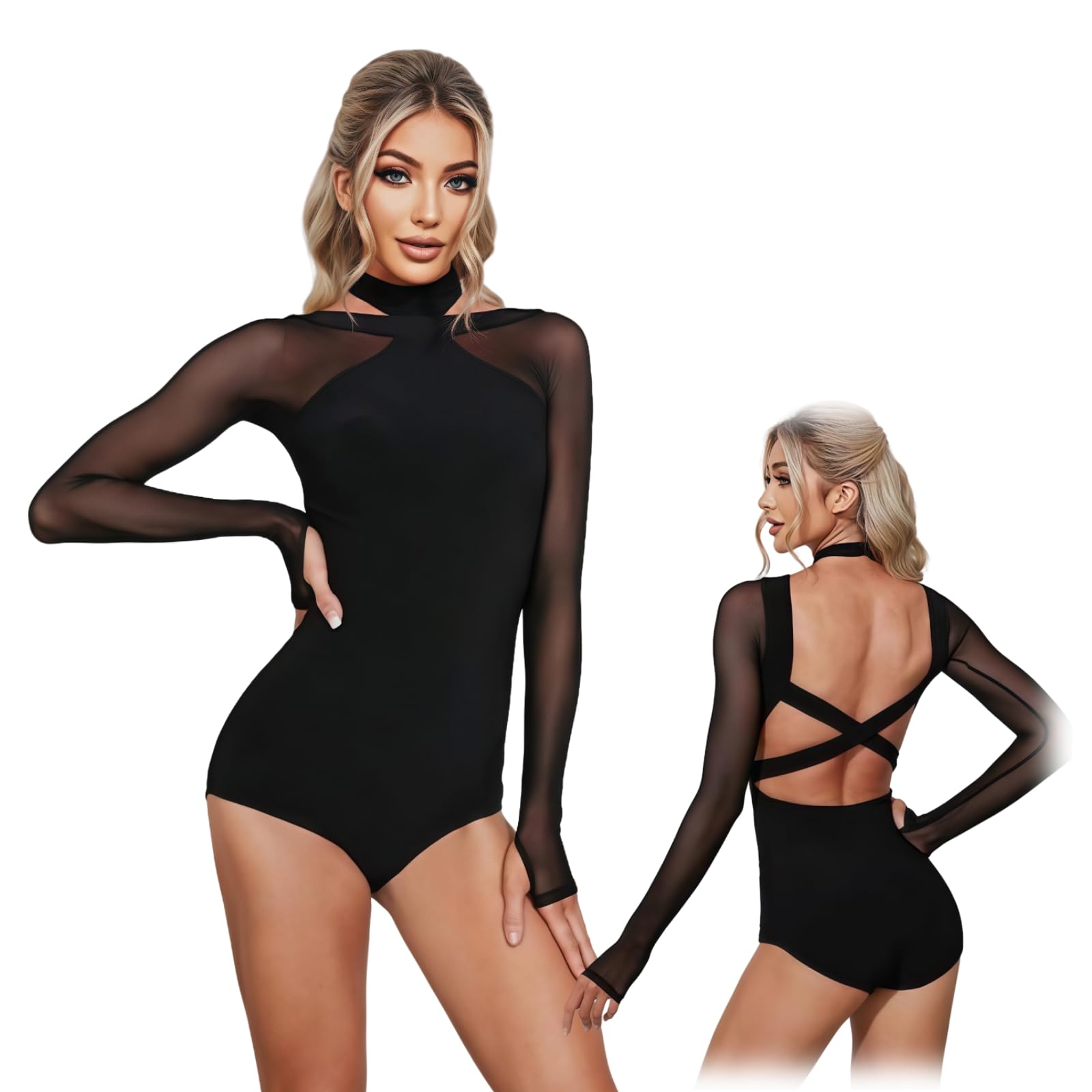 Hybursky Women's Black Long Sleeve Dance Leotard For Mesh Patchwork Ballet Bodysuit Halter Neck Backless Latin Dance Top Gymnastics Leotards Tops Jazz Costume Adult Dancewear, /L