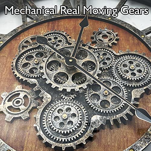 27 inch Large Real Moving Gears Wall Clock with Toughened Glass Cover, Oversized Vintage Solid Wood Farmhouse Clock, Giant Decorative Rustic Wall Clock for Living Room Home Kitchen Office (Brown) by DORBOKER - Image 2