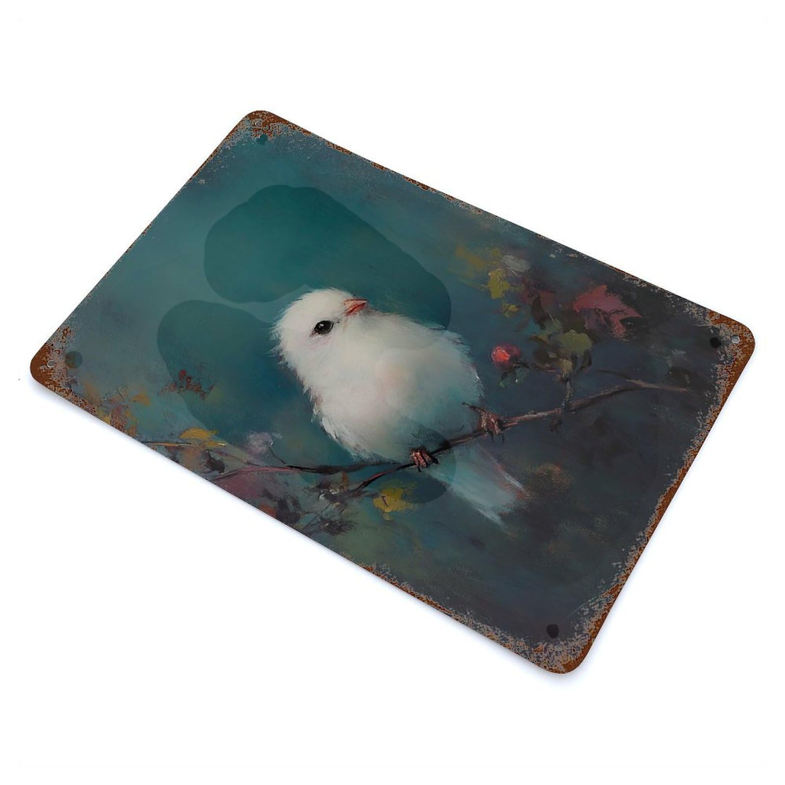 White Bird on Branch Aged Metal Wall Plaque 11.8"x7.9", Farmhouse Wall Decor for Patio, Garden Room And Bar Decor