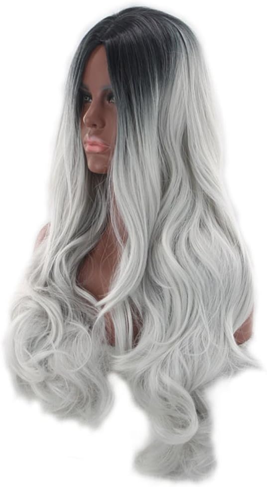 Frcolor Long Wave Curly Cosplay Wig Lolita Style Anime Costume Wigs Black Ombre Gray, grey, 70 cm x 2 cm - Image 3