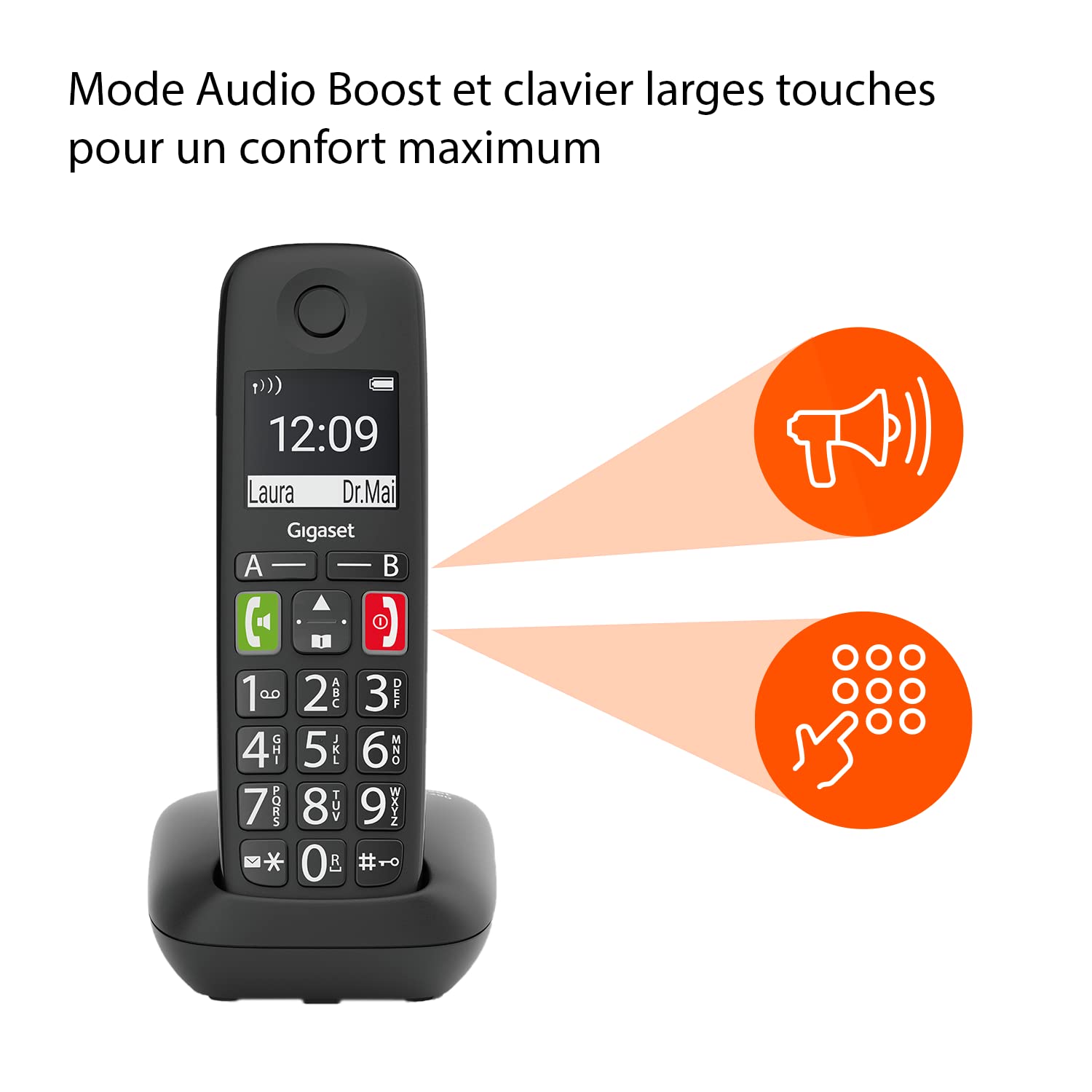 Gigaset Easy E294 - telefono DECT wireless per anziani - compatibile con apparecchi acustici - facile da usare, menu a schermo grande e tasti grandi, nero