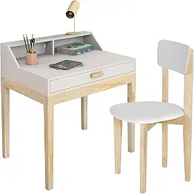 escrivaninha com cadeira para quarto infantil 1 gaveta mdf pes de madeira rustico (Branco)