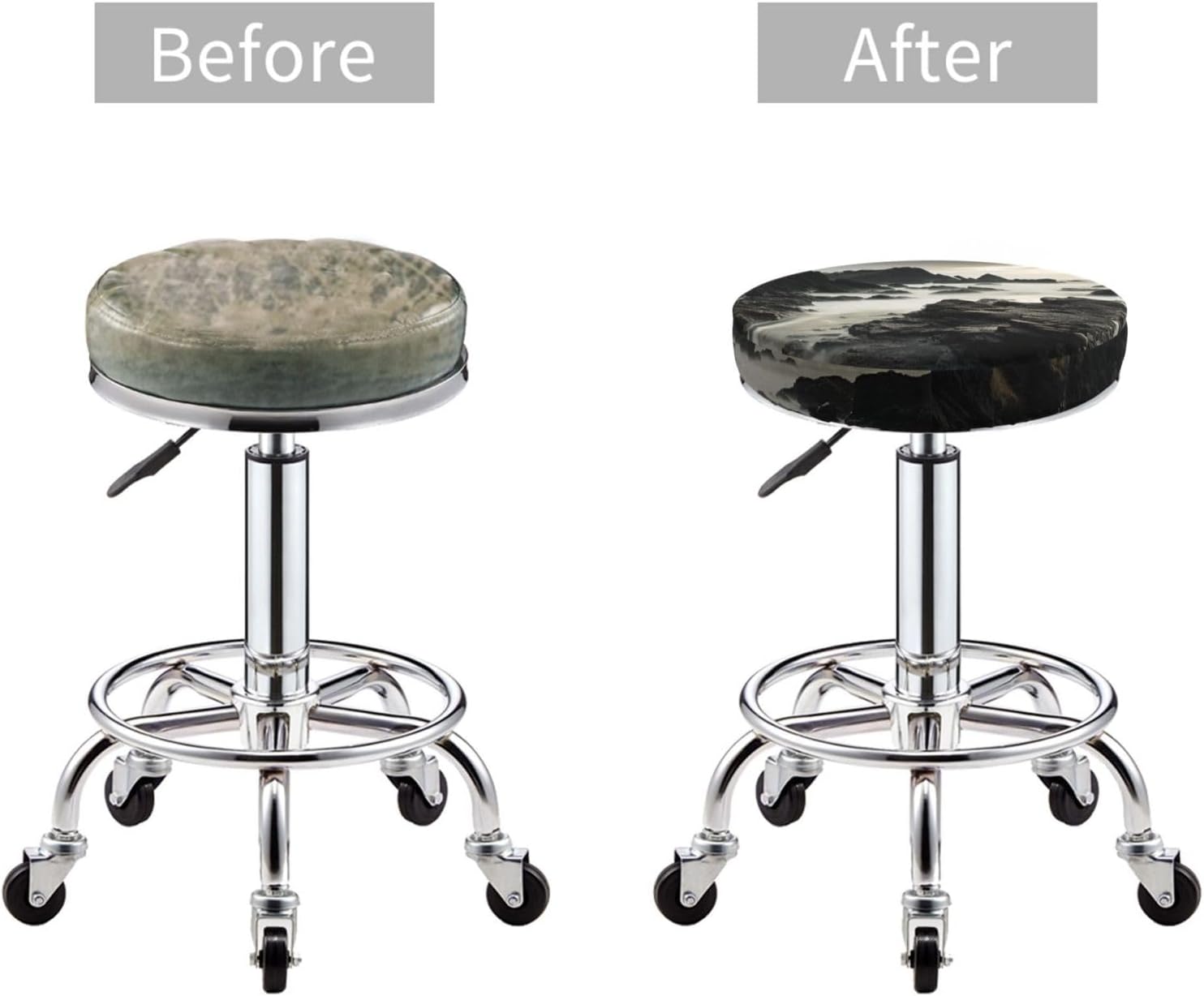 Bar Stool Cover Round Elastic Stool Cushion Covers Rugged Coastline Black and White Bar Chair Cover Washable Stool Cushion Slipcover Stretch Stool Seat Covers for 12-14 Inch Chair