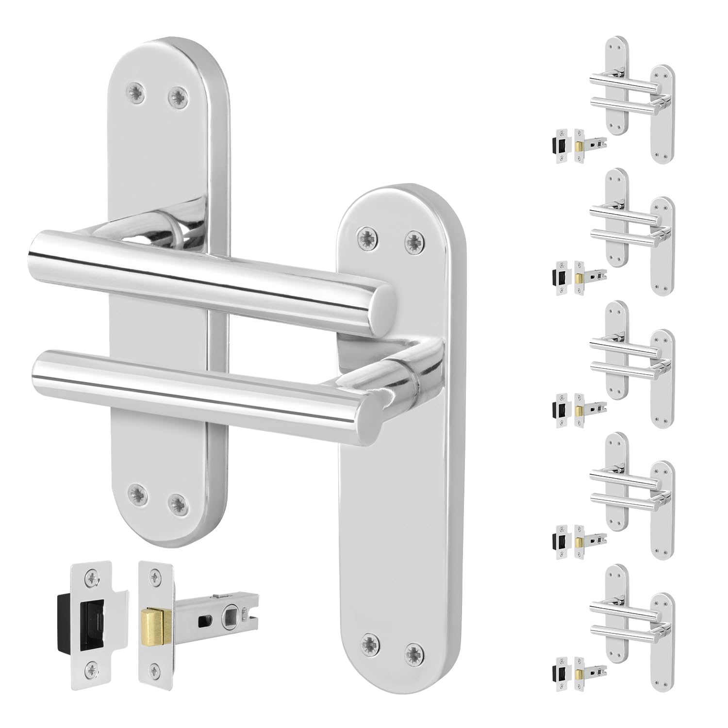 Eai Polished Chrome Chrome Door Handle Latch Set | 6 Pairs Of Internal T-Bar Handles On Backplate & Latches (64Mm) | Oliena Range