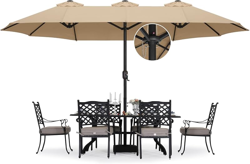 ABCCANOPY 15FT Double-Sided Rectangle Patio Umbrella with Base, Khaki | Rectangular Outdoor Table Umbrella with Crank, Heavy Duty Market Umbrella Shade for Garden,Poolside, Lawn, Backyard