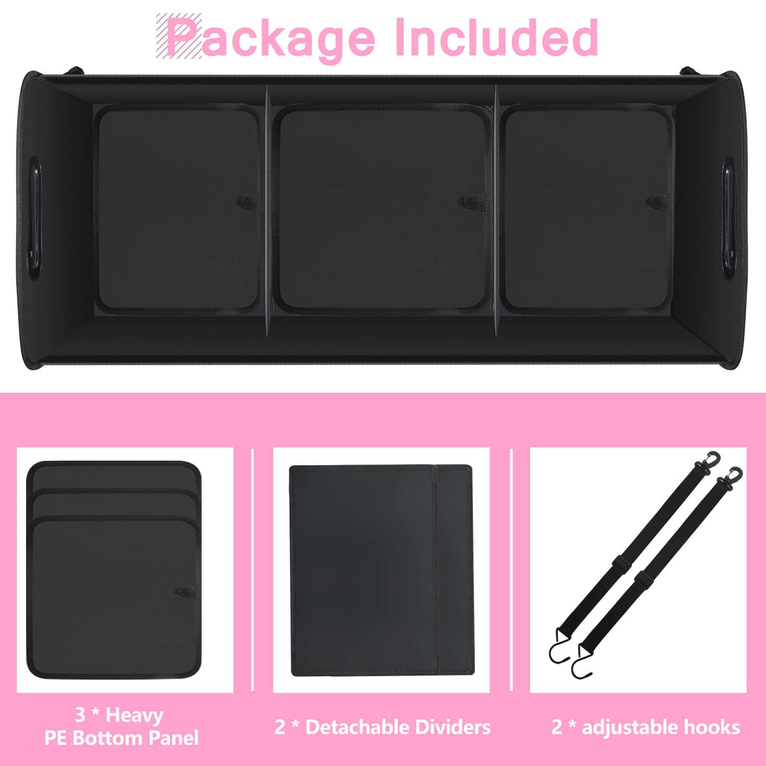 Trunk Organizer for Car, 95L Large Capacity Trunk Storage with Non-Slip Bottom Strips, Cargo Organizer for Suv, Truck, Sedan, Waterproof Portable Car Organizers for Women Men(Pink)