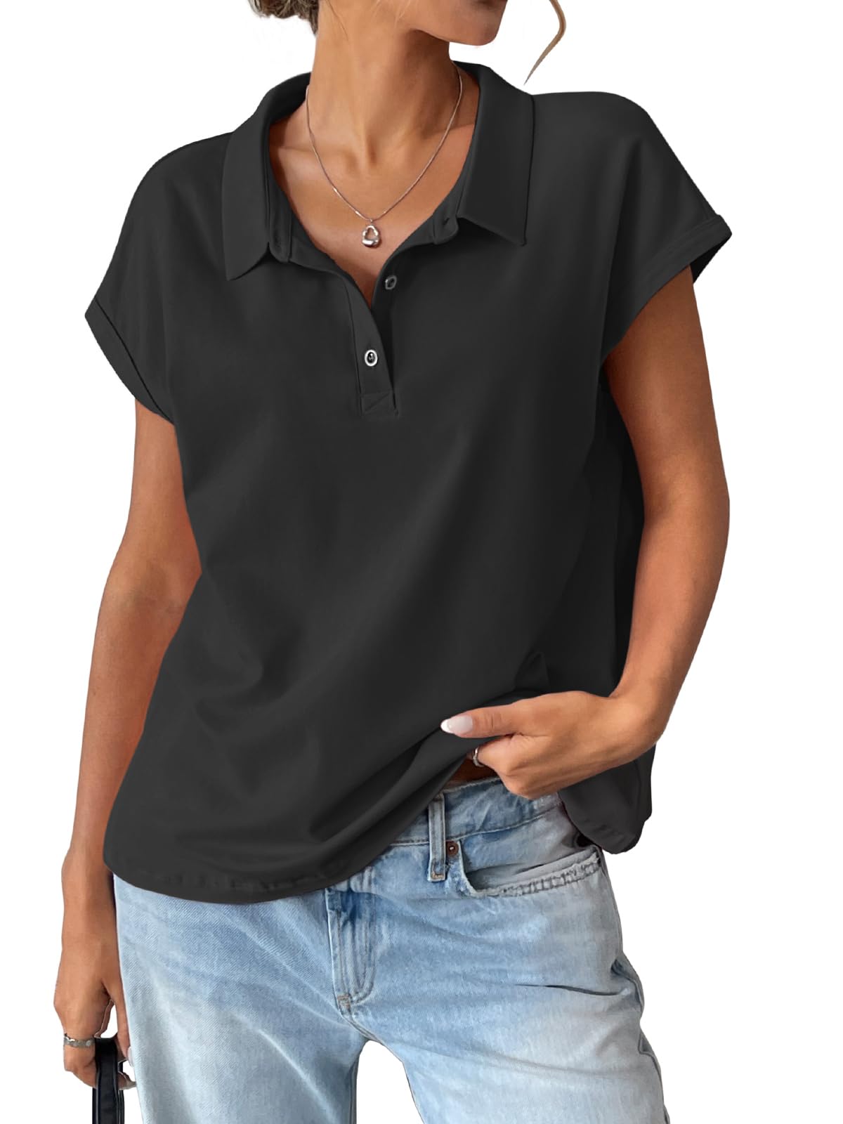 Photo 1 of EasyGala Womens Cotton Cap Sleeve Polo Shirts Oversized Short Sleeve Henley Neck Tops Summer Loose Fit Boxy Tees Black Medium