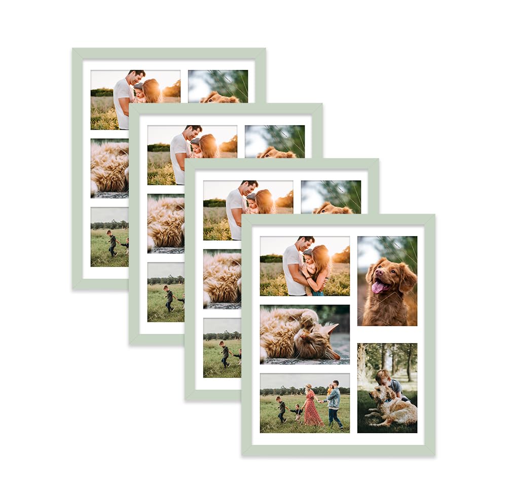 Mint Green Multi Photo Frame - Holds 5 x 6x4 Pictures, Family Collage Picture Frame for Wall Display, 14x11 Frame size, Set of 4