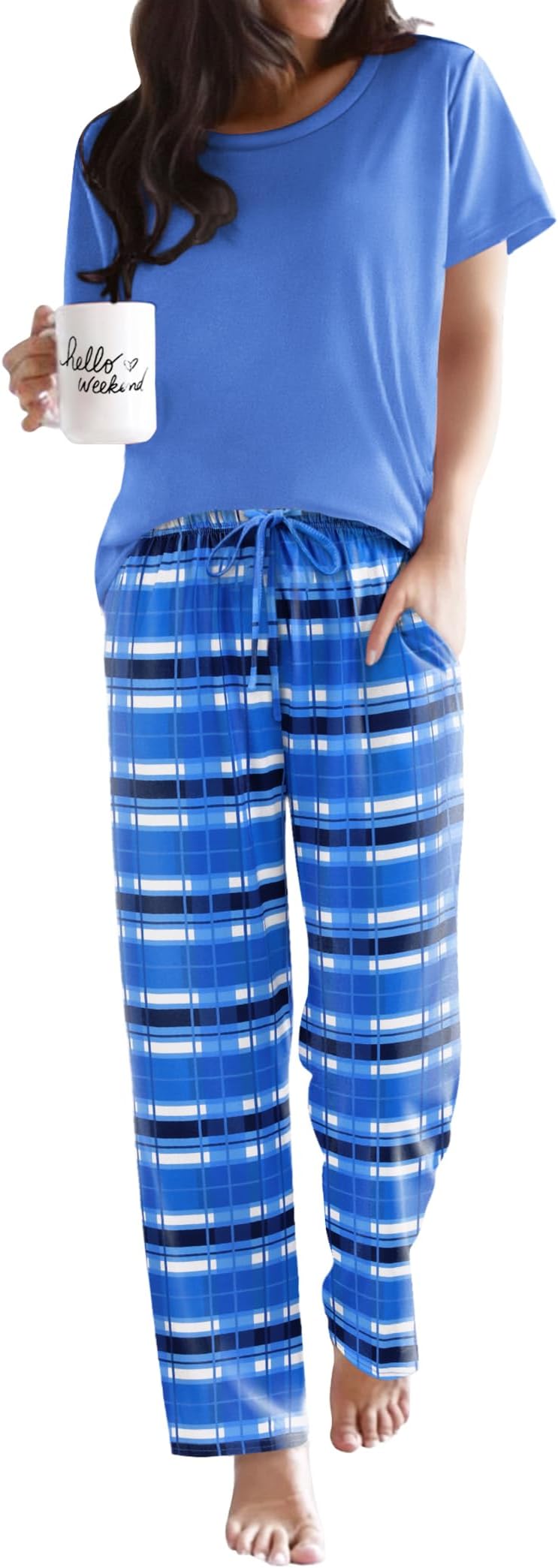 Pajama Sets for Women Round Neck Pjs Short Sleeve Sleepwear with Long Pants Loose Lounge Sets