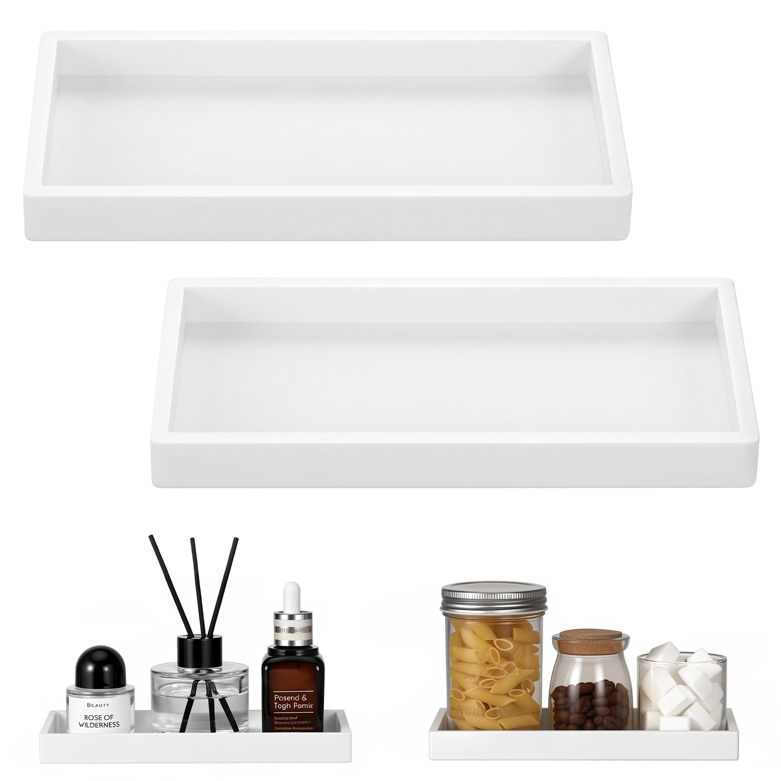 Luxspire Bathroom Vanity Tray - 2 Pack (7.9" x 4") Silicone Soap Dish for Kitchen Countertop Sink, Bathroom Counter Tray for Soap Dispenser Perfume Jewelry Accessories, White