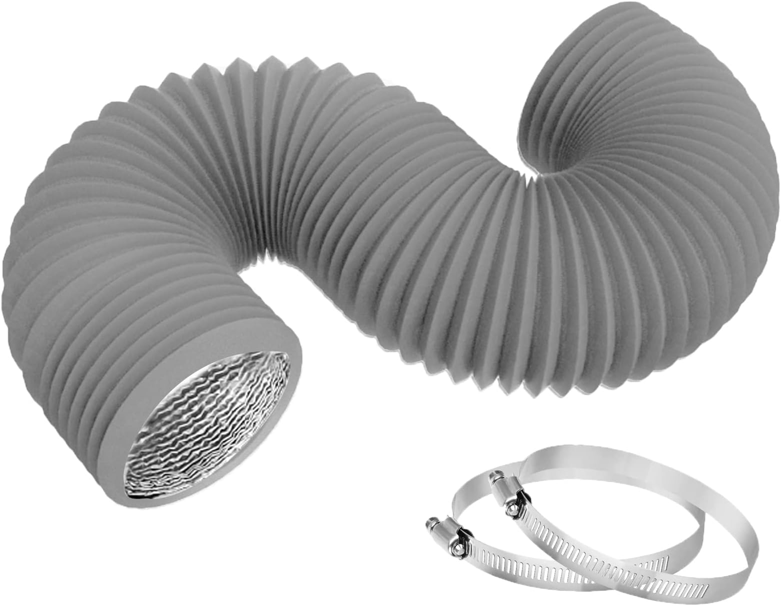 TEAIERXY 4 Inch 8FT Dryer Vent Hose,Flexible Insulated Air Ducting,Vent Hose PVC Aluminum Foil with 2 Clamps for HVAC Ventilation(Grey)