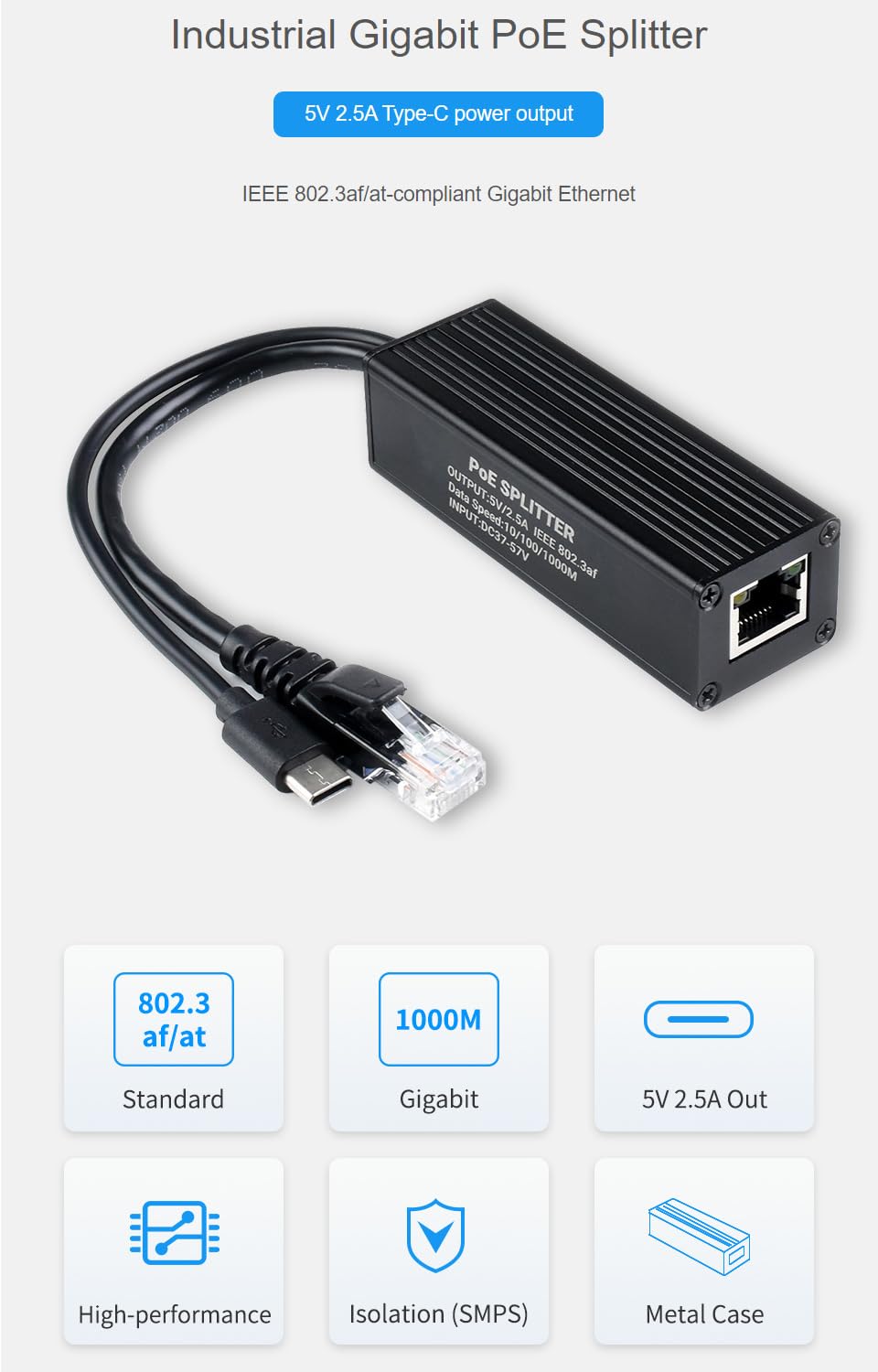 Waveshare Industrial Gigabit PoE Splitter with Metal Case protection,5V 2.5A Type-C Out