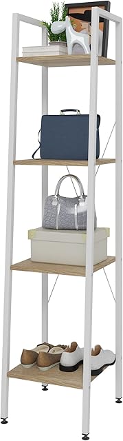 eSituro Heavy Duty 4-Tier Storage Shelves Ladder Bookshelf Industrial Bookcase Shelving Unit Stand with White Metal Frame Light Oak Wooden Shelves 34x35x148CM SSTR0041