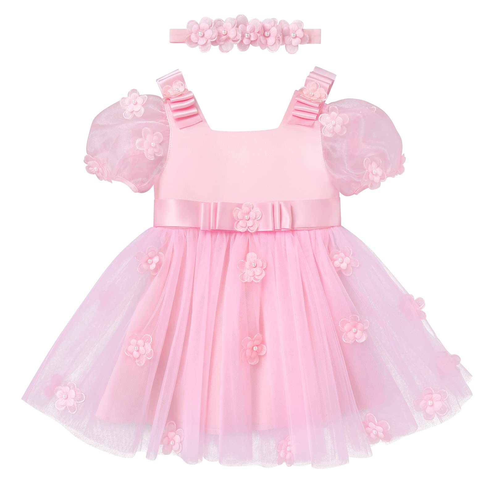 IMEKIS Bébé Fille Robe florale à manches courtes Bowknot Princesse Tulle avec bandeau Anniversaire séance photo tenue de mariage baptême fête vêtements ensemble, Fleur rose., 6-12 mois