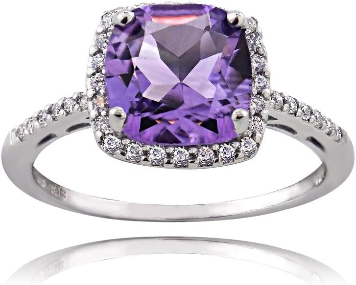 Ice Gems Sterling Silver Amethyst and Cubic Zirconia Cushion-Cut Halo Ring