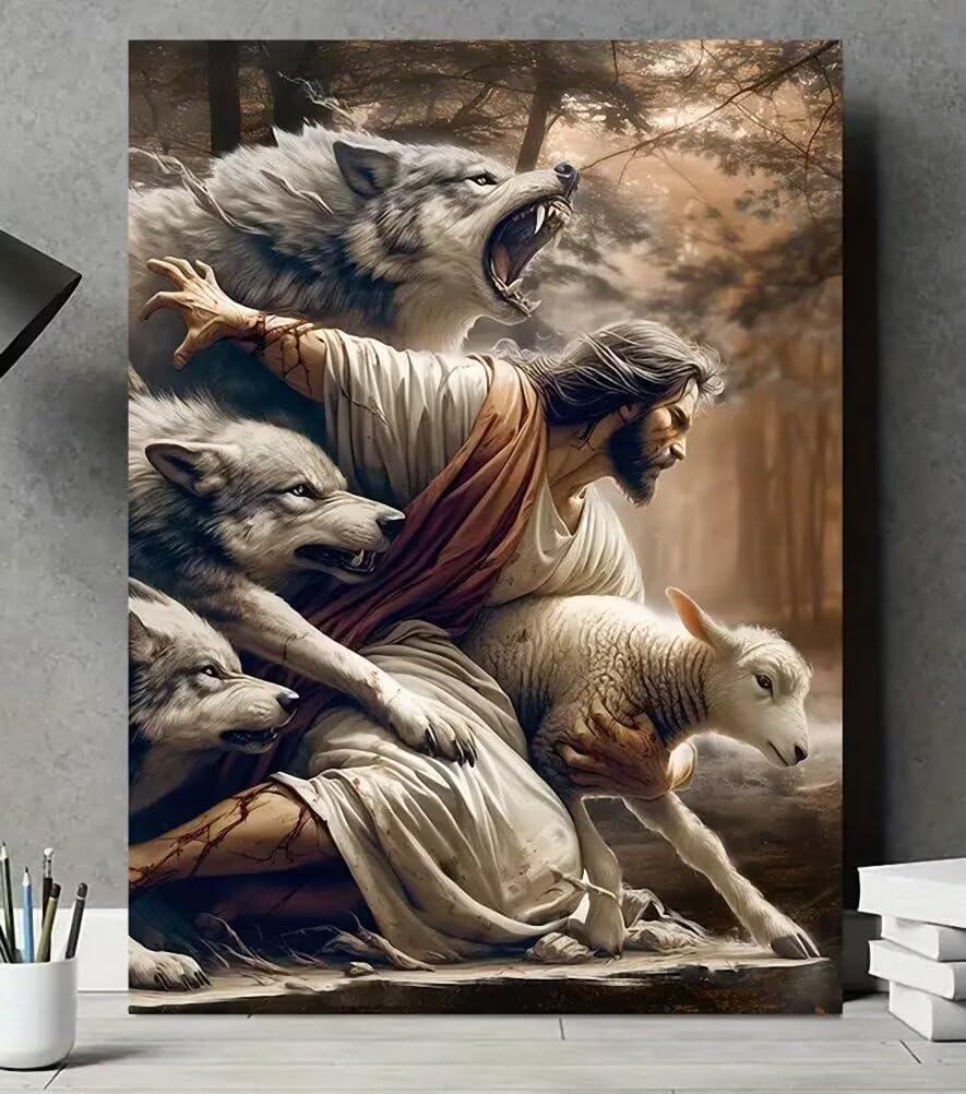 Diamond Painting Kits DIY Square Diamond Art Kit 5D Full Drill Diamond Painting Kit for Adults Beginners, Jesus Wolf, 12X16 Inches