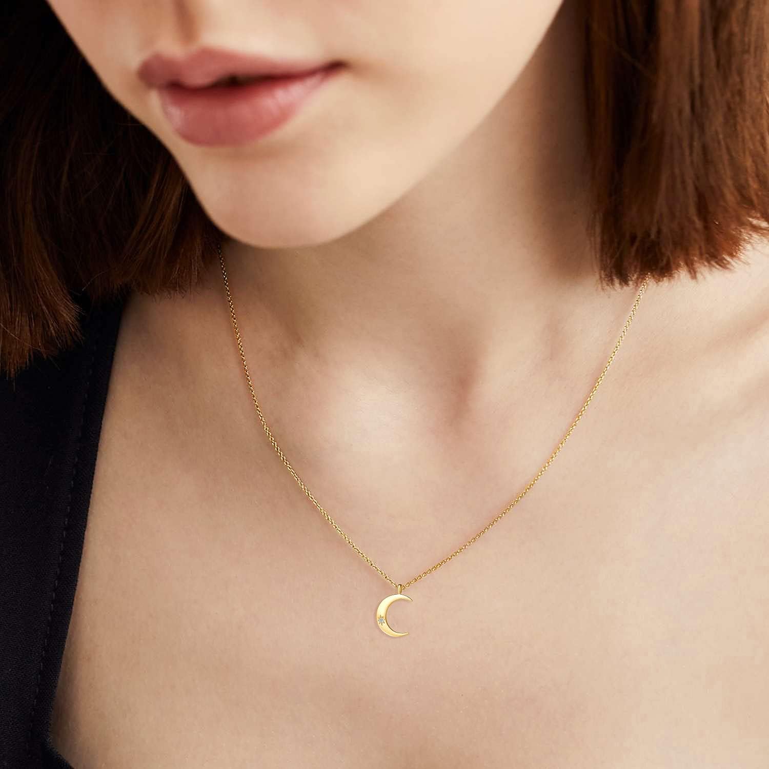 Carleen 14K Solid Gold Dainty Tiny Statement Charm 0.015CT Celestial Moon Pendant Necklace Fine Jewelry Anniversary Friendship Birthday Christmas Gifts For Women Mom, 16"+ 2" Gold Extender