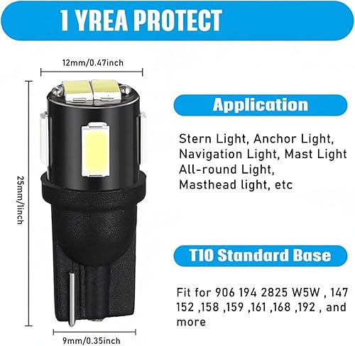 Miniatura 4 de Bombillas LED 906 5630 LED T10 con base de cuña, bombilla de repuesto para barco marino, luz de mástil, luz de anclaje, luces de navegación para