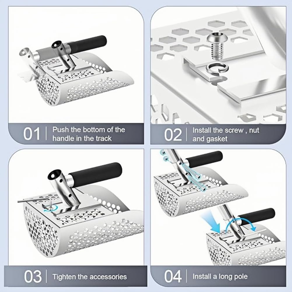 Heavy Duty Stainless Steel Metal Detecting Sand Scoop, Sand Scoop Handheld mit langen Stahlgriff Pole Design, ideal für Unterwasser-Schatzsuche Sandflohharke für den Strand