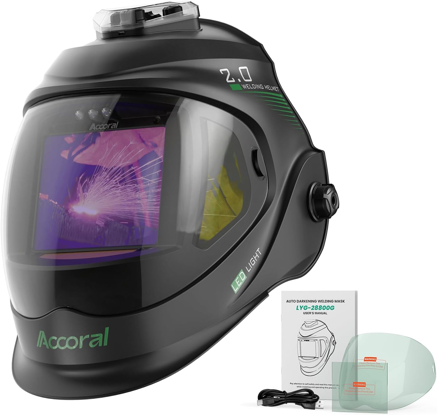 Panoramic View Auto Darkening Welding Helmet with Light，1/1/1/1 True Color Solar Powered Welding Hood Mask，4 Arc Sensor Wide Shade for TIG MIG ARC Cut,Grinding