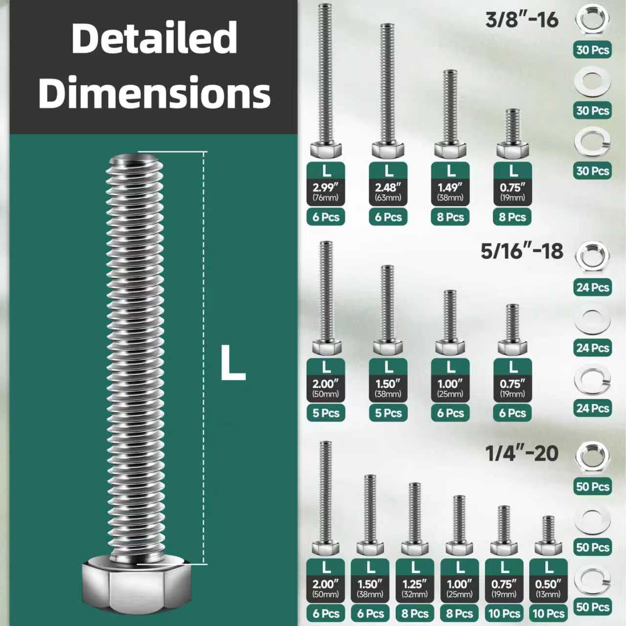 410Piece Stainless Steel Hex Head Screws and Bolts Assortment Kit 1/4-20, 5/16-18, 3/8-16 Sizes, Includes Assorted Nuts, Washers, and Fasteners Bright Finish by EASTPUK