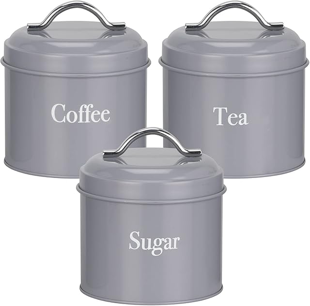 WiseAccordio® Set of 3 Mini Grey Tea Coffee Sugar Canisters| Vintage Style Kitchen Storage Set | Powder-coated steel with chrome finish wire handles