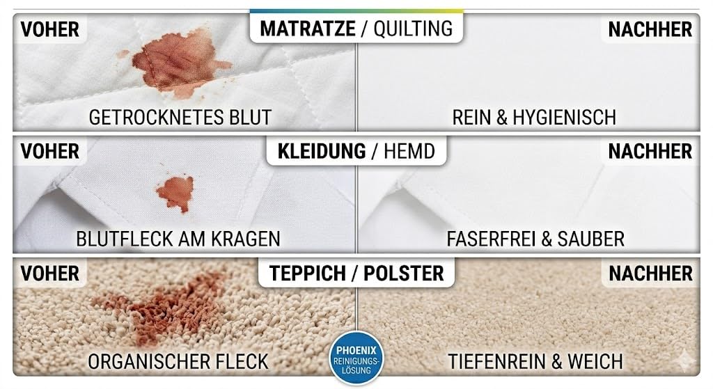Blutflecken Entferner 20g (1L) Enzymreiniger + Drucksprüher 1L Set Granulat-Konzentrat Matratze Teppich Textilien Stoff Bett Polster Auto Hygiene Wäsche Hämoglobin gegen Blutflecken Geruch | PHOENIX