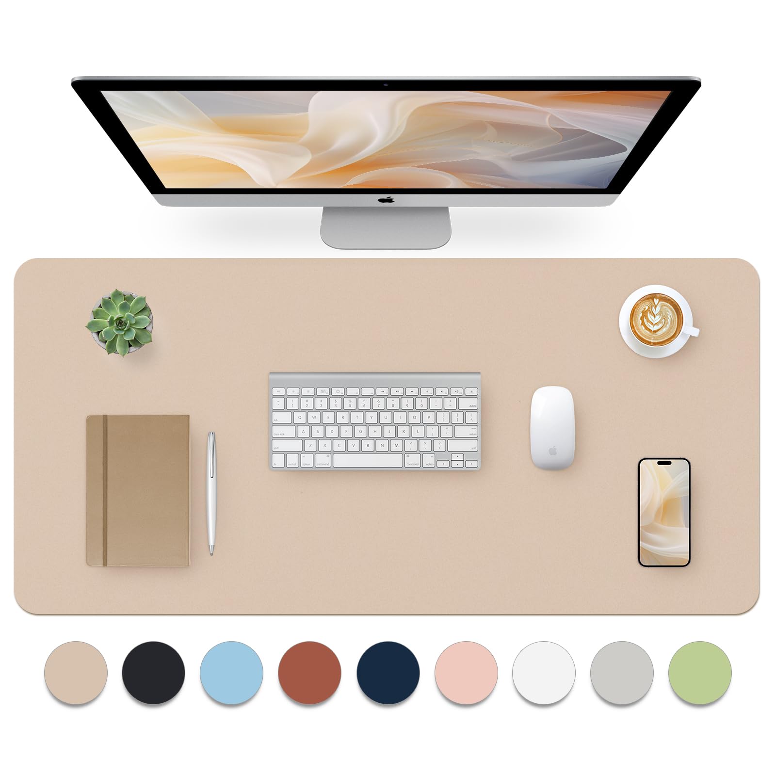 Leather Desk Pad, Large Mouse Pad, Leather Desk Blotter, Non-Slip Desk Pad Protector, Office Desk Pad, Waterproof Desk Mat for Home Office and Decor - Beige (35.4×15.7 Inches)