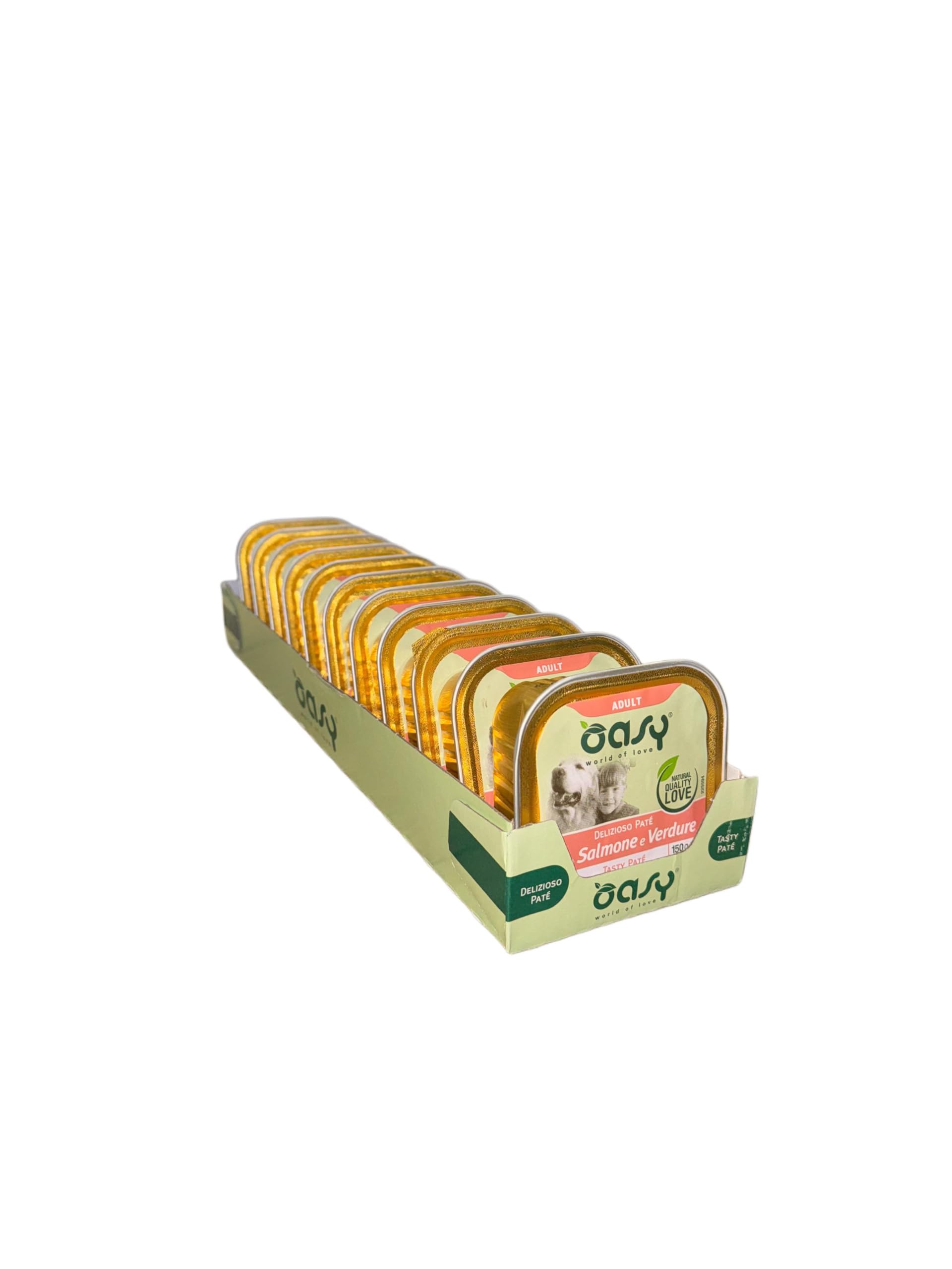 Oasy delizioso patè per cani adulti di tutte le taglie, gusto SALMONE e VERDURE | 11 vaschette da 150 grammi l'una.