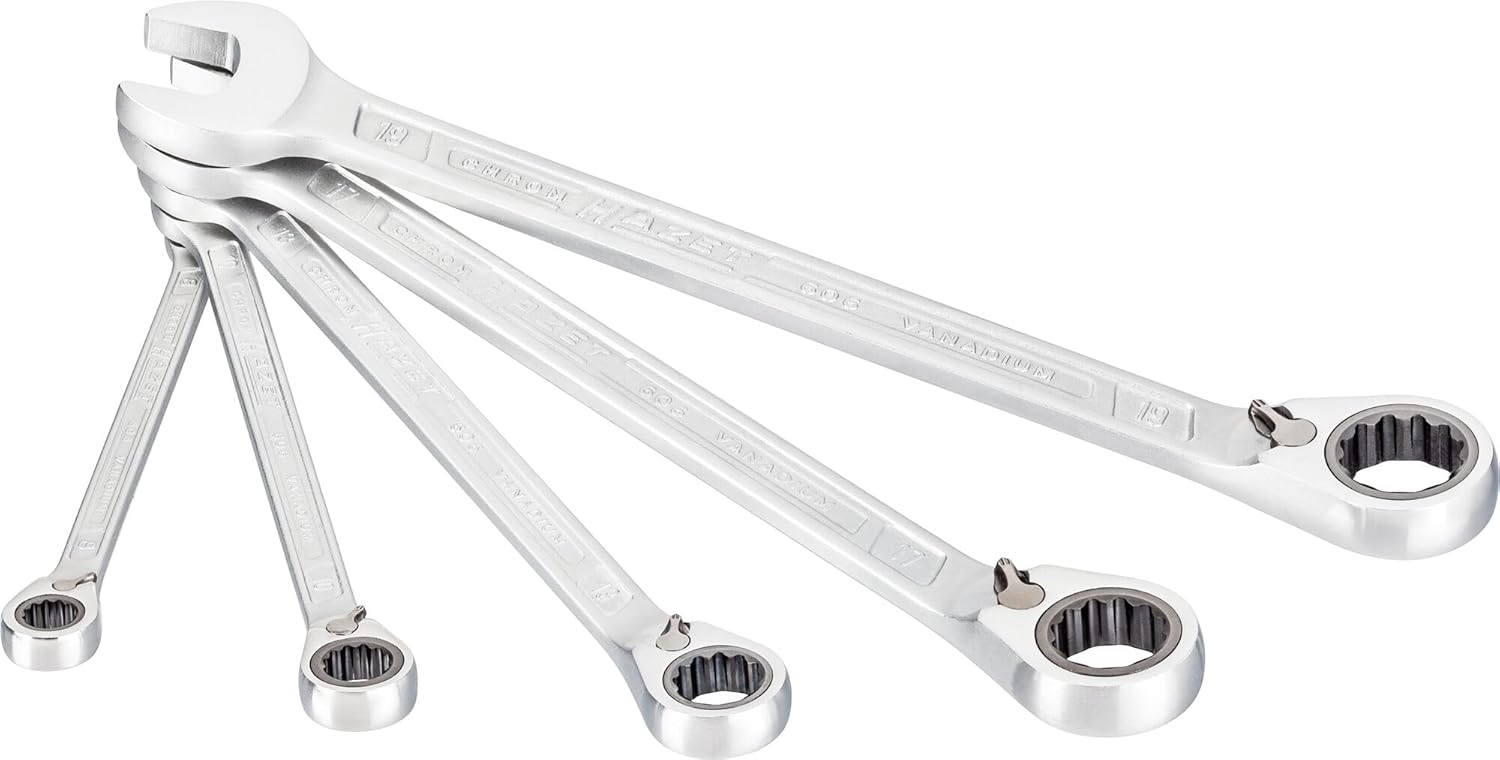 HAZET 606/5 Ring Ratchet Wrench Set, Set of 5, Reversible 0.3-0.7 inches (8-19 mm)