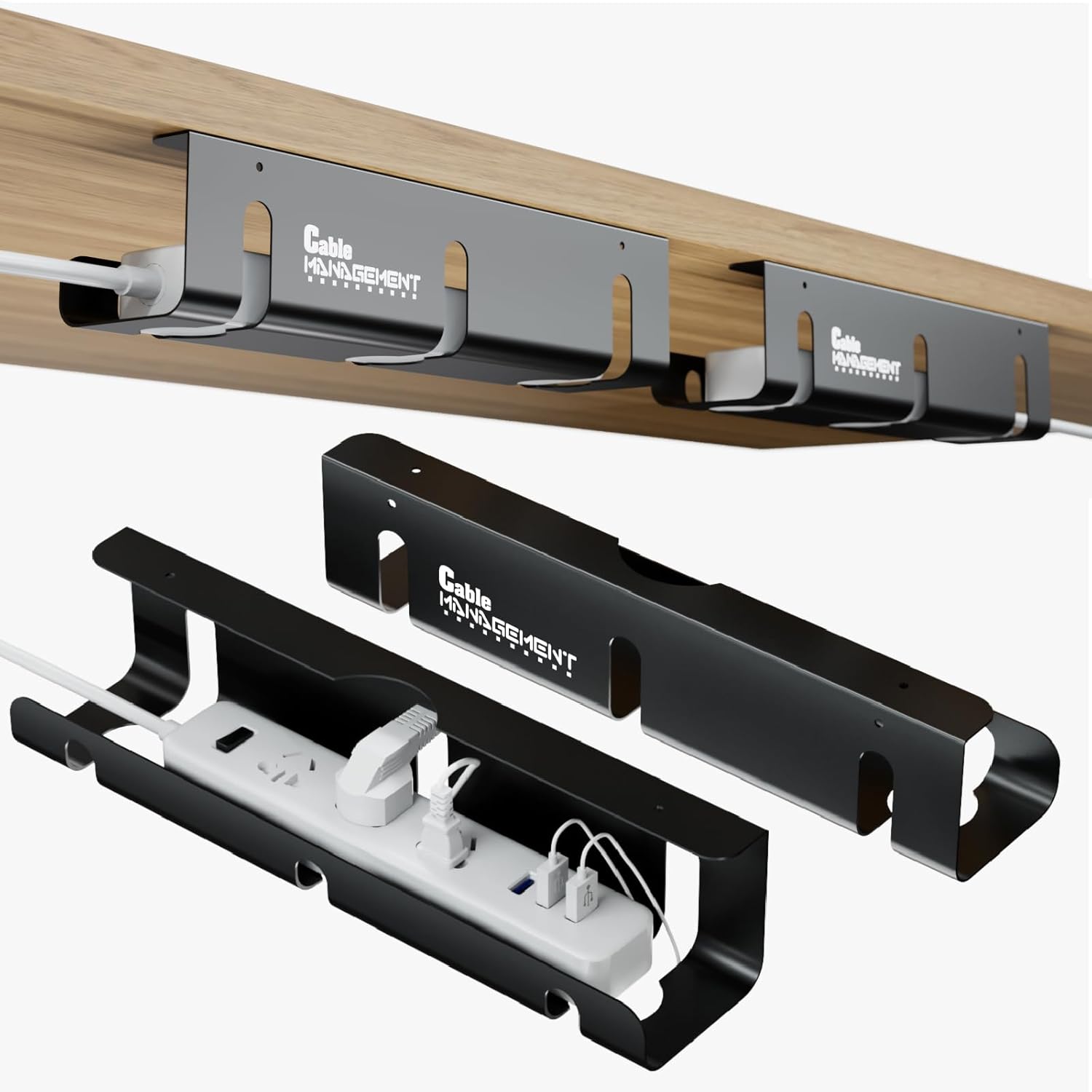 Under Desk Cable Management Tray, 2 Pack 16 Inch Black Metal Cord Organizer, No Drill Adhesive or Screw Mount for Glass/Marble/Office/Gaming Desk, Black