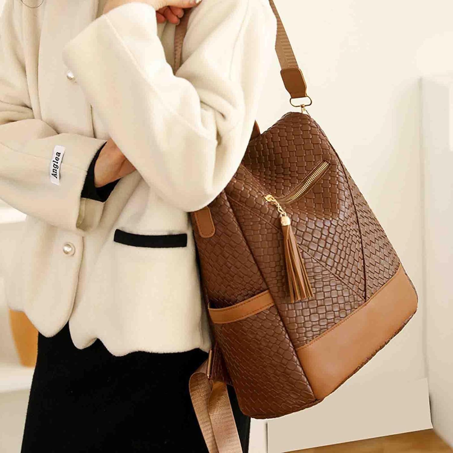 Women's woven leather backpack wallet waterproof and anti-theft multi-purpose large capacity travel backpack handbag (brown,One size)