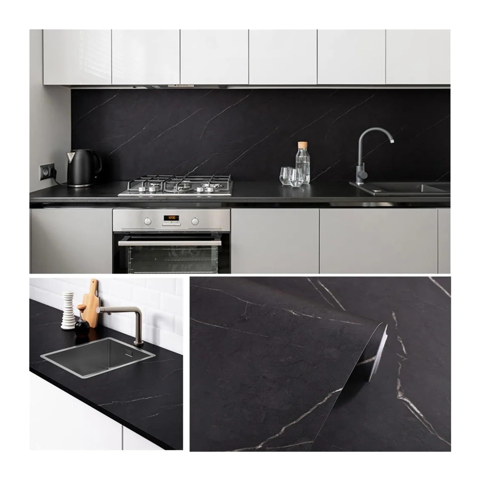 Verdickte mattschwarze PVC-Marmor-Selbstklebende Tapeten-Wandaufkleber in der Rolle for die Küche, ölbeständig, Desktop-Möbelfolie, Heimdekoration(60x200 cm)