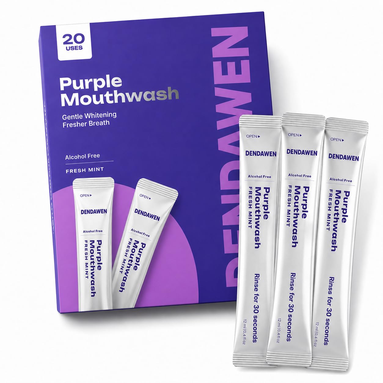 DENDAWEN Purple Mouthwash for Teeth Whitening,（20 Pack） Colour Correcting Sachets, Peroxide Free Alcohol Free Mint Mouthwash for Fresh Breath