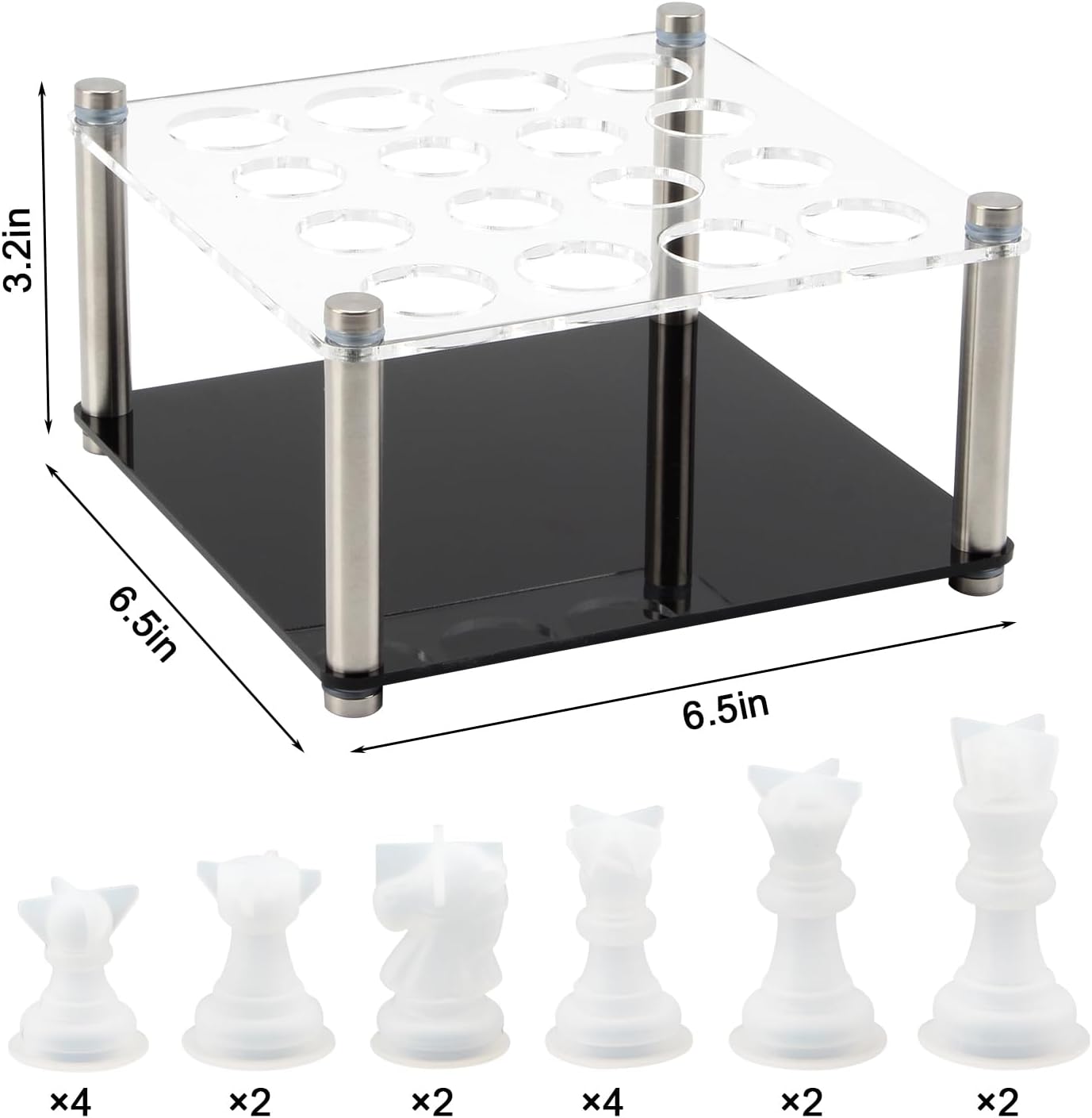 Resin Chess Set with Checkers Board Silicone Mold, Resin Casting DIY Kit with Chess Piece Holder and 16 PCS Silicone Chess Molds Kit for Party Board Games and Home Decoration (Chess Piece Set)