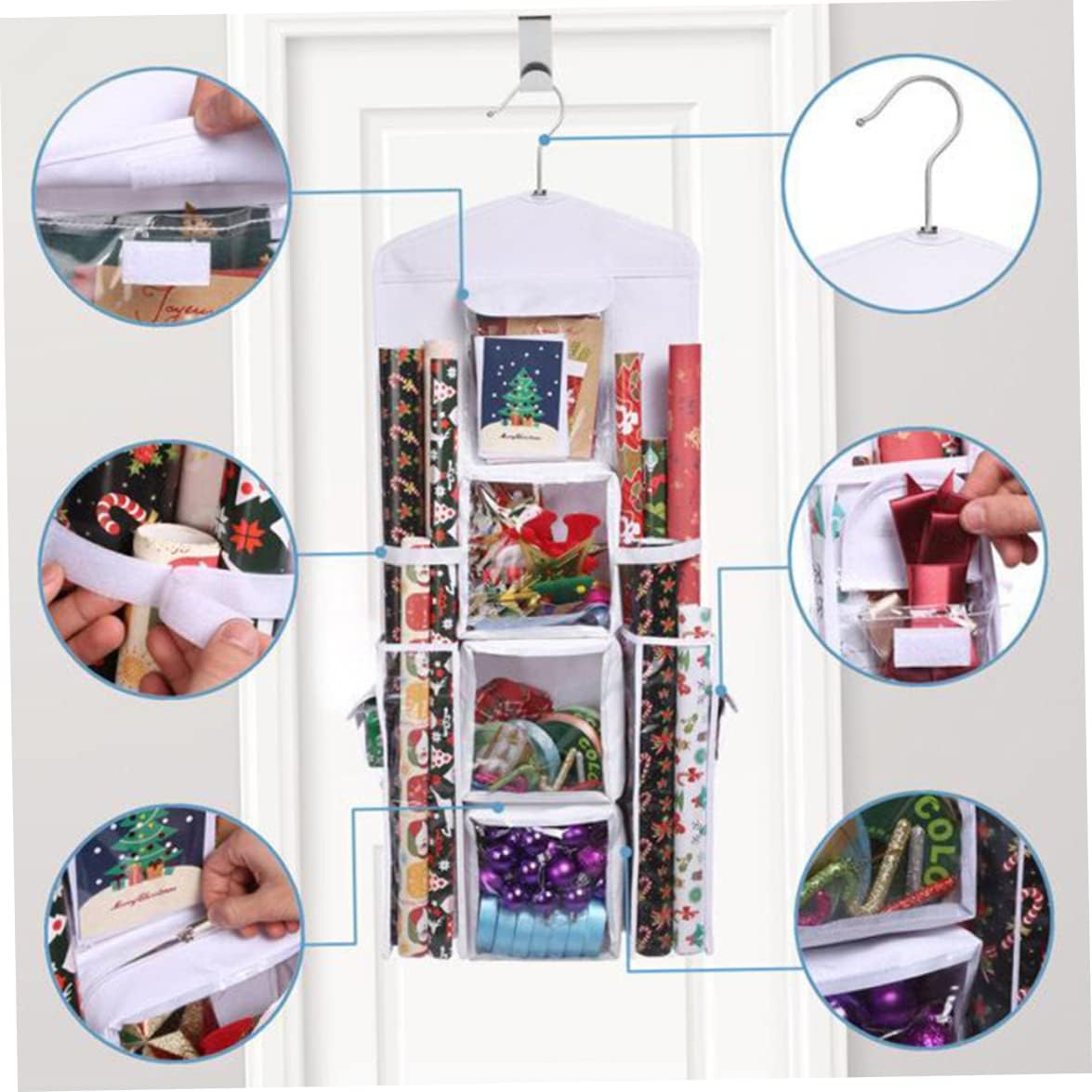 Christmas Wrapping Paper Organizer Large Capacity Wall Hanging Double-Sided Transparent with 10 Pockets Space-Saving Rear Door Gift Storage Bag with Zipper 37.40x5.51 Inch.