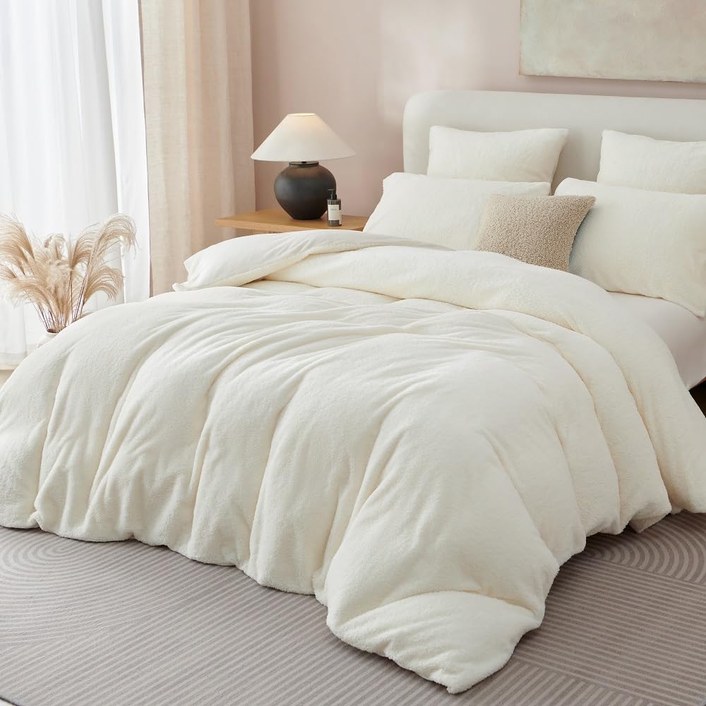 Freyamy - Funda nórdica de forro polar (220 x 240 cm), color blanco y cálido y mullido, juego de cama con cremallera de felpa Sherpa franela y 2 fundas de almohada de 65 x 65 cm