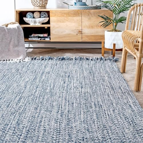 Image of Handwoven Natural Rectangular Cotton Fibres, Braided Reversible Jute and Cotton Round Rug /Carpet for Bedroom Living /Dining Room (4x6 feet, Light Blue)