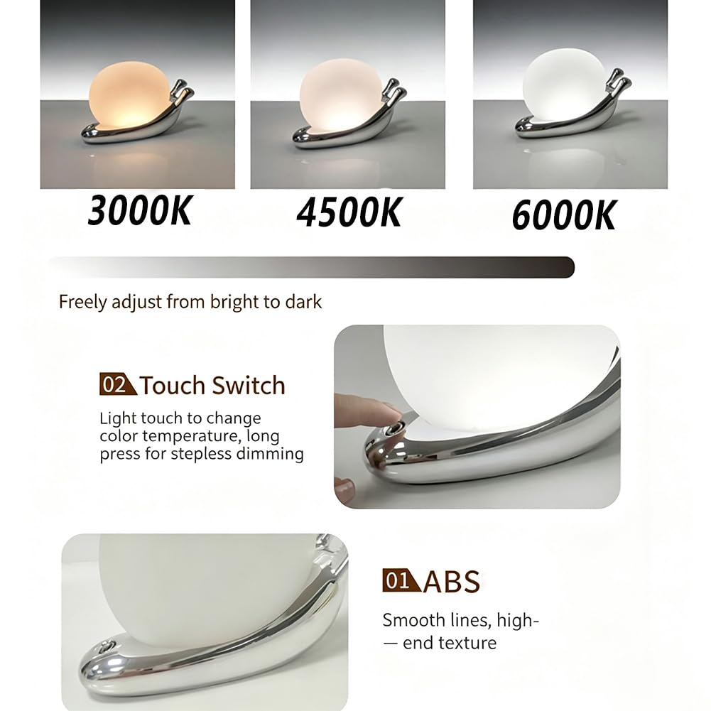 Lámpara de Mesa LED con Diseño de Animales (Caracol), Recargable, Regulable, Inalámbrica, Funciona con Batería, Luz de Noche, Carga USB, Interruptor Táctil, Lámpara de Mesita de Noche,Plata
