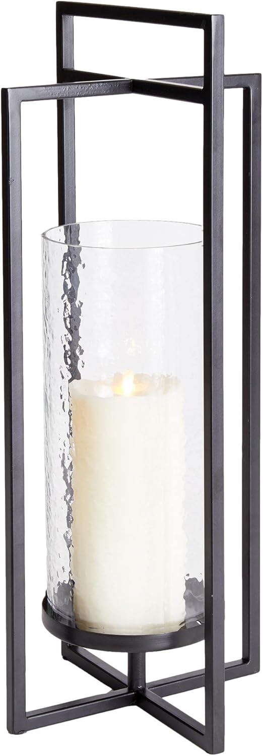 MY SWANKY HOME Black Geometric Interlocking Rectangles Pillar Candle Hurricane 24 in Minimalist